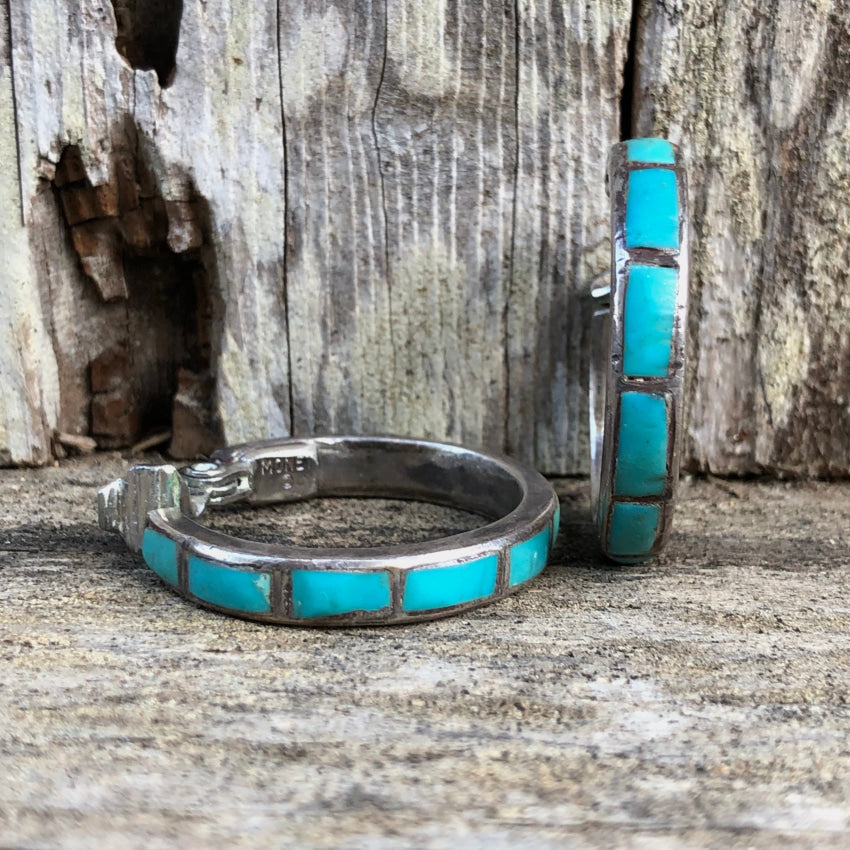 Vintage Hopi Sterling Silver & Inlay Turquoise Hoop Non-Pierced Clip Earrings Pooyama Earrings