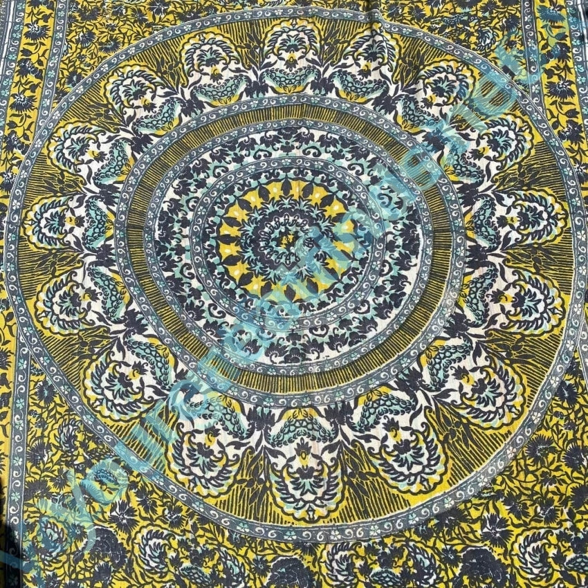 Vintage Indian Block Print Tapestry Tablecloth Cotton Yellow Blue Yourgreatfinds