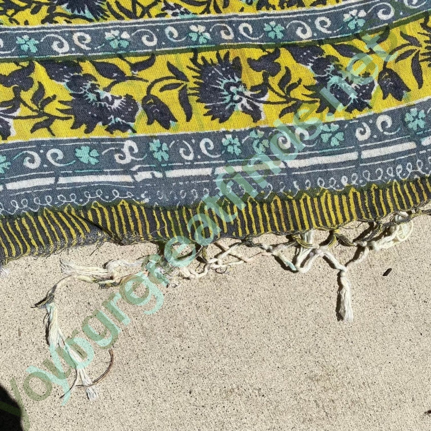 Vintage Indian Block Print Tapestry Tablecloth Cotton Yellow Blue Yourgreatfinds