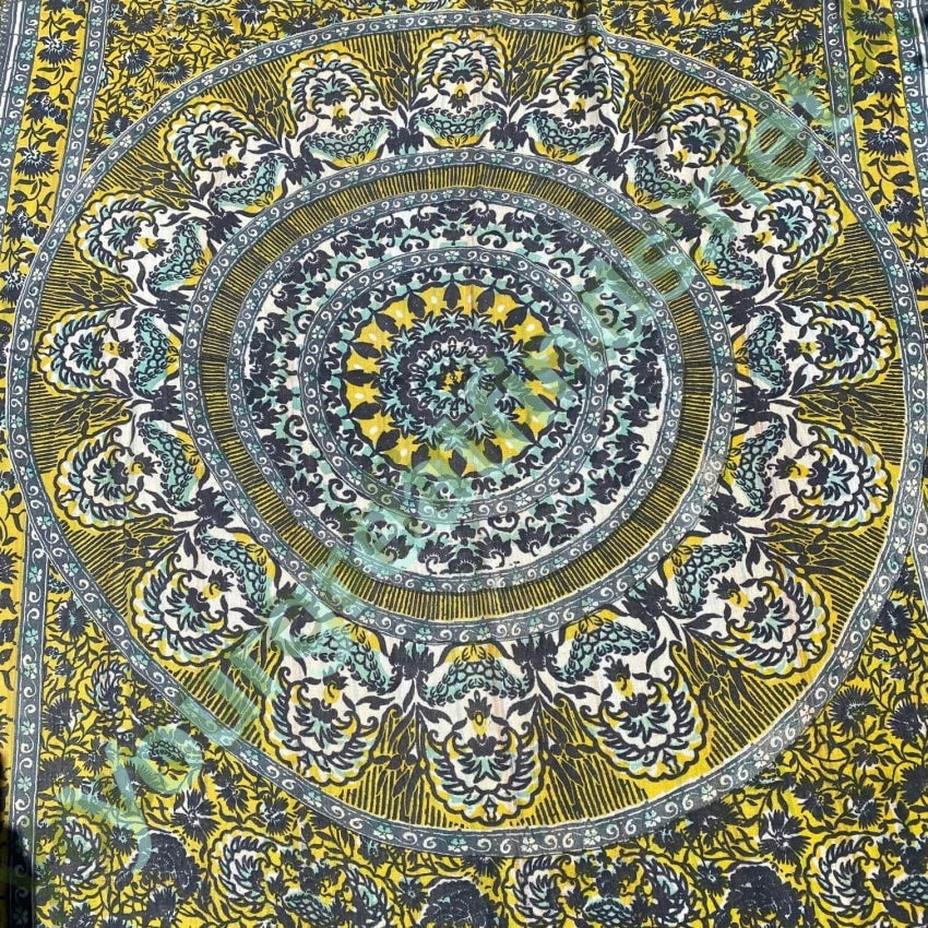 Vintage Indian Block Print Tapestry Tablecloth Cotton Yellow Blue Yourgreatfinds
