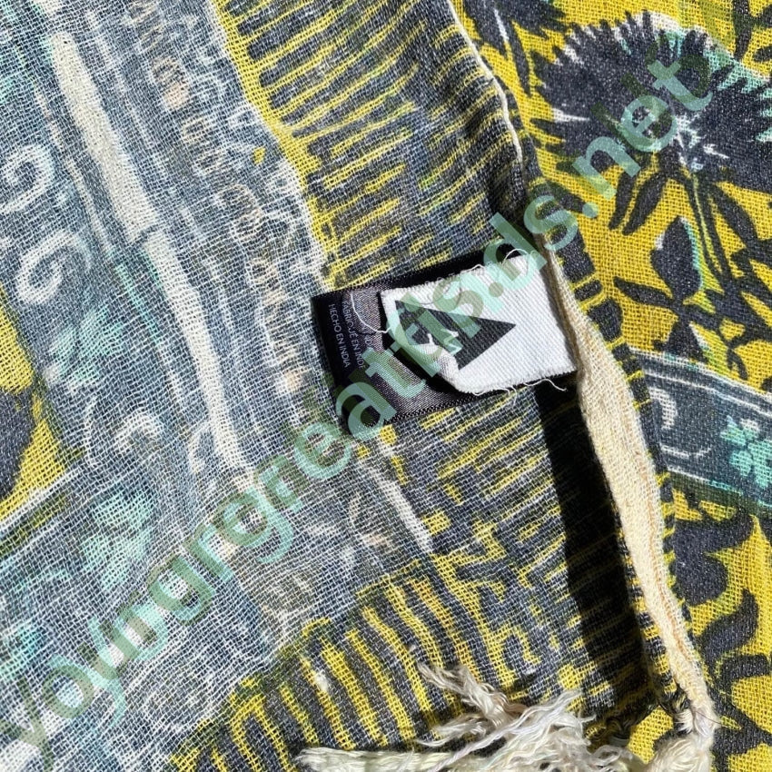 Vintage Indian Block Print Tapestry Tablecloth Cotton Yellow Blue Yourgreatfinds