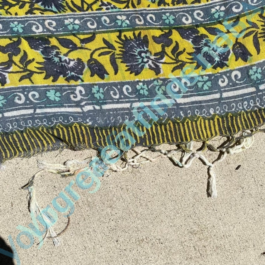 Vintage Indian Block Print Tapestry Tablecloth Cotton Yellow Blue Yourgreatfinds