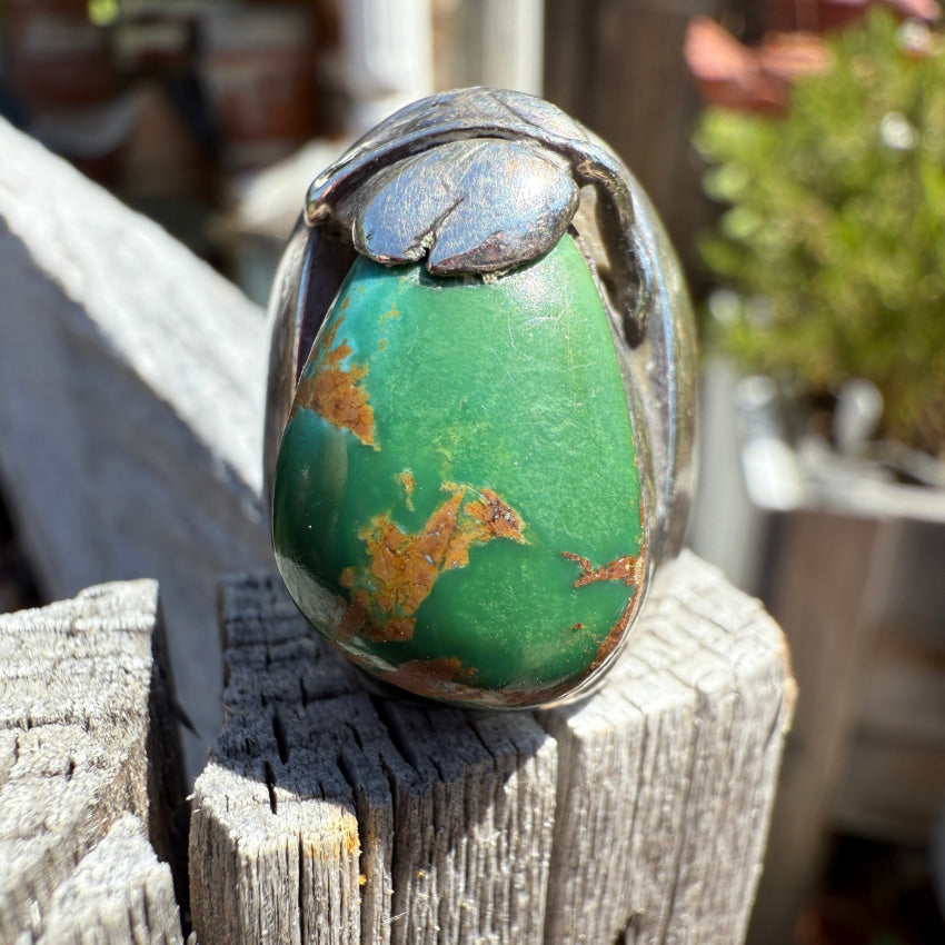 Vintage Ingot Formed Sterling Silver & Turquoise Ring Smooth Time Worn 9 3/4 ring