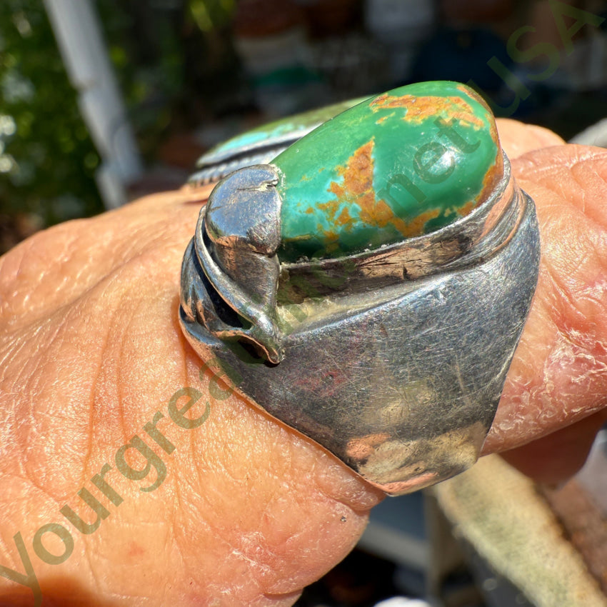 Vintage Ingot Formed Sterling Silver & Turquoise Ring Smooth Time Worn 9 3/4 ring