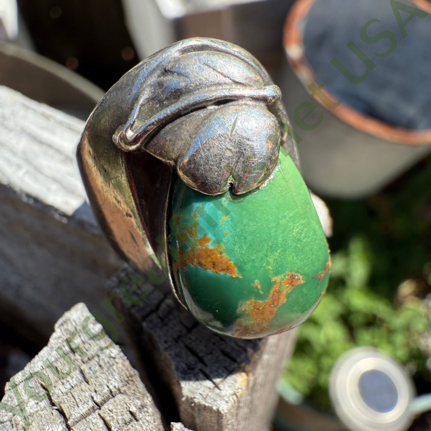 Vintage Ingot Formed Sterling Silver & Turquoise Ring Smooth Time Worn 9 3/4 ring