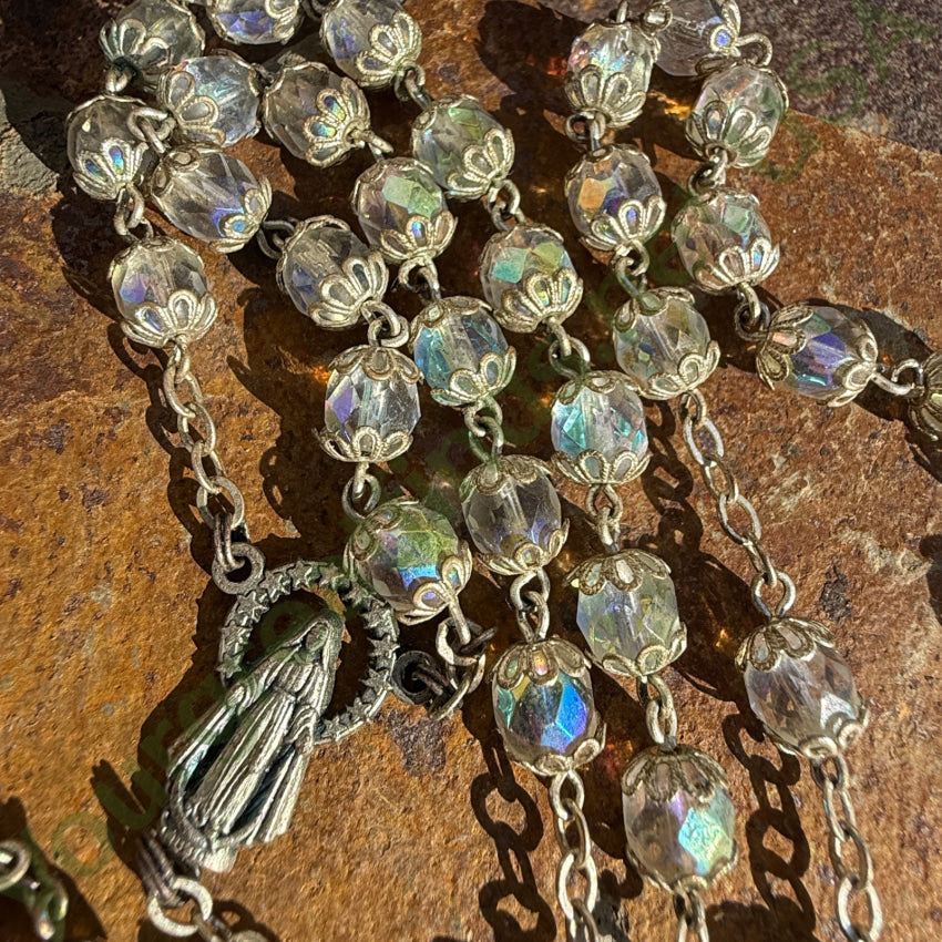 Vintage Italian Aurora Borealis Glass Bead Catholic Rosary rosary necklace