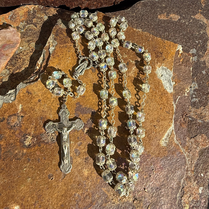 Vintage Italian Aurora Borealis Glass Bead Catholic Rosary rosary necklace