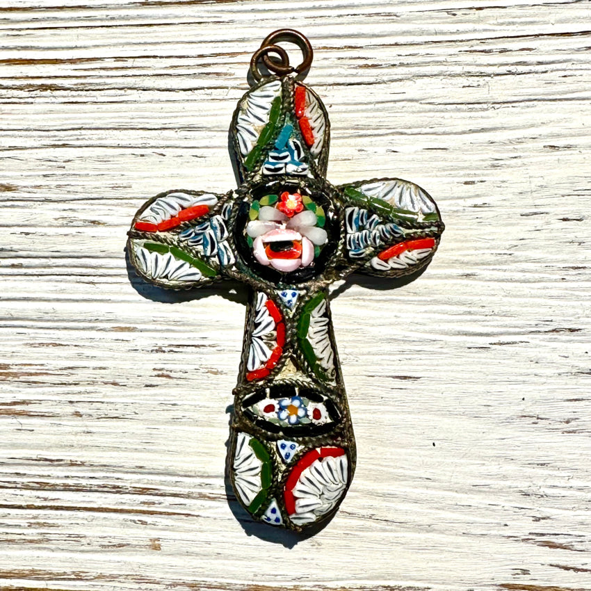 Vintage Italian Millefiori Mosaic Holy Cross Pendant