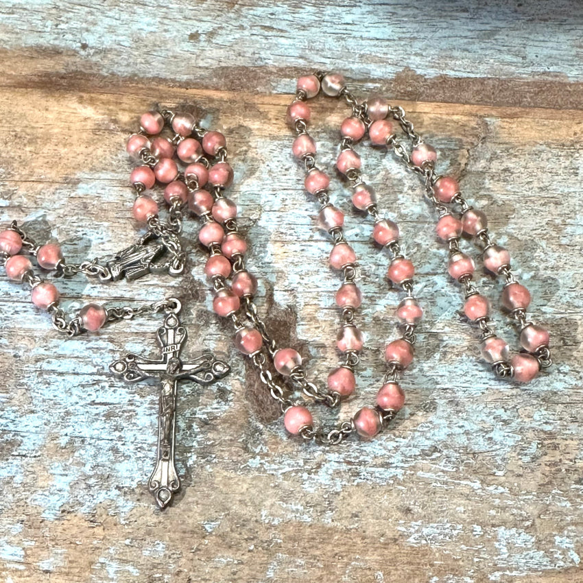 Vintage Italian Pink Glass Bead Rosary