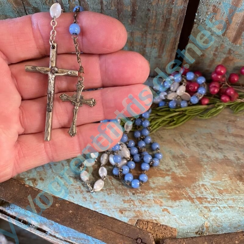 Vintage Italian Rosary with Blue Milk Glass Beads Yourgreatfinds