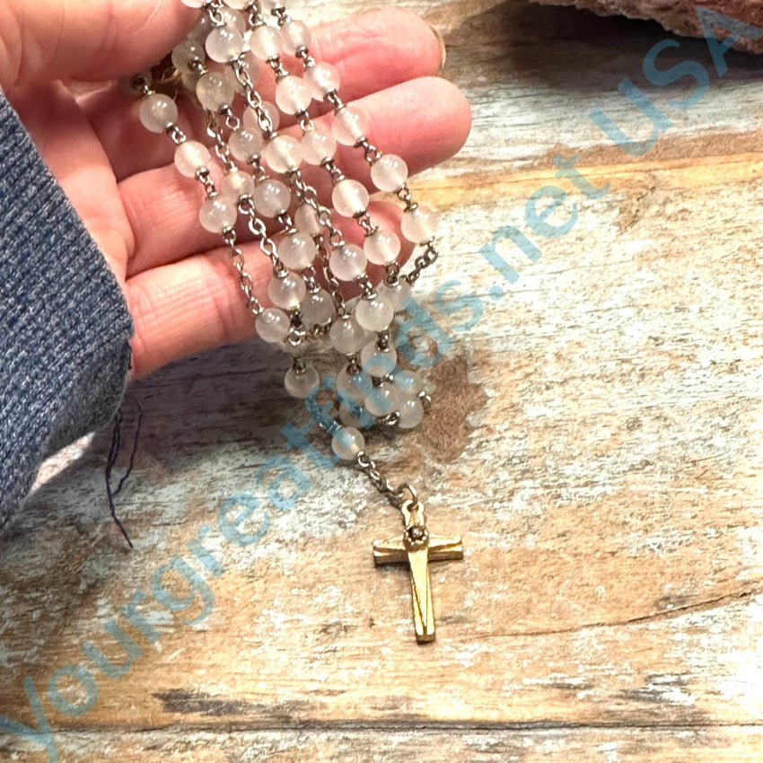 Vintage Italian Silky White Glass Bead Stanhope Rosary Lords Prayer