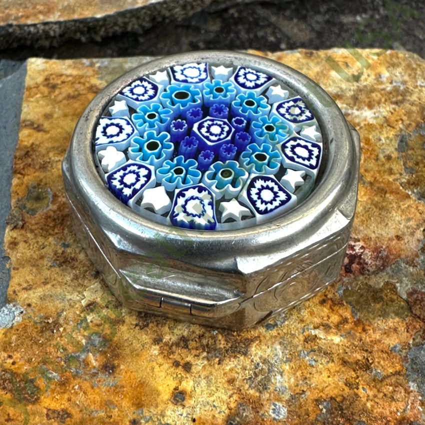 Vintage Italian Sterling Silver Murano Millefiori Pill Box Box Sterling Silver
