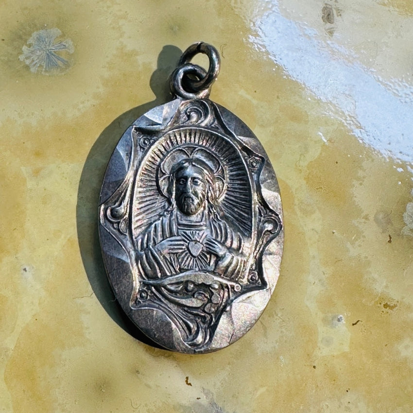 Vintage Jesus & Sacred Mother Sterling Silver Double Sided Pendant