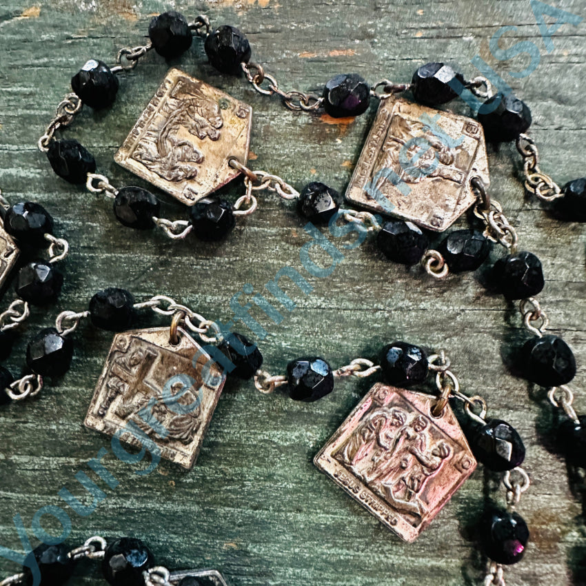 Vintage Jet Black Glass 14 Stations Rosary Catholic Rosary