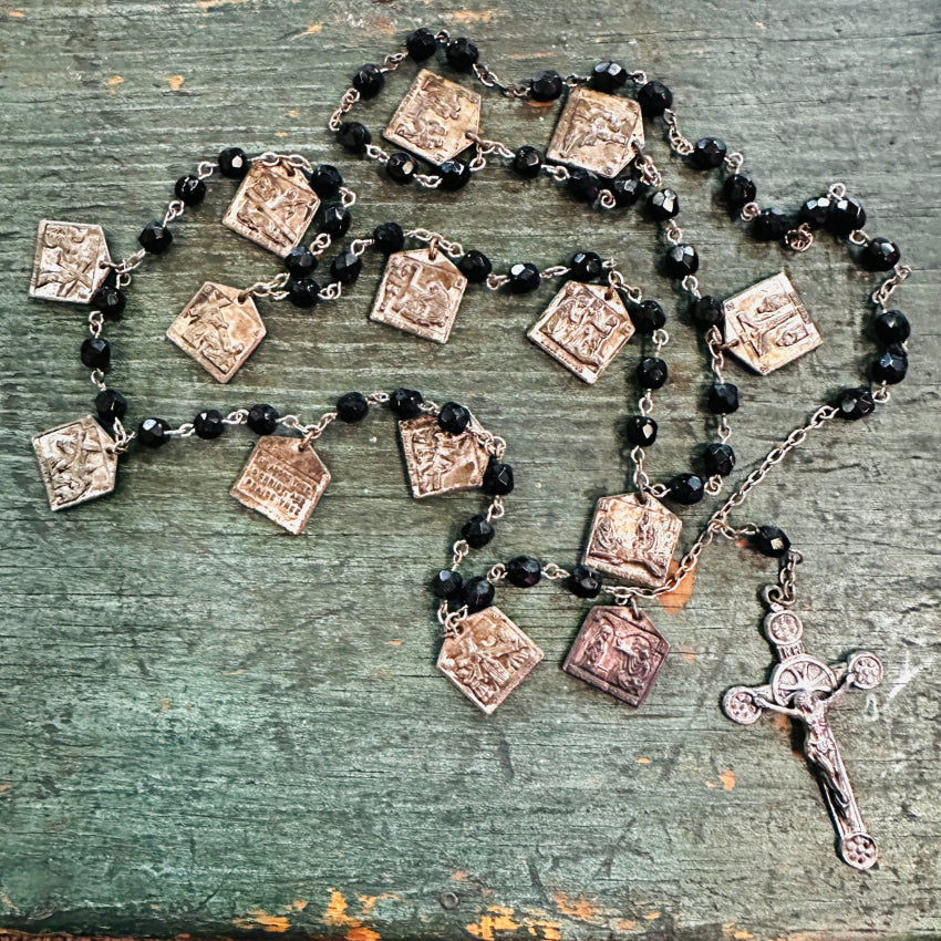 Vintage Jet Black Glass 14 Stations Rosary Catholic Rosary