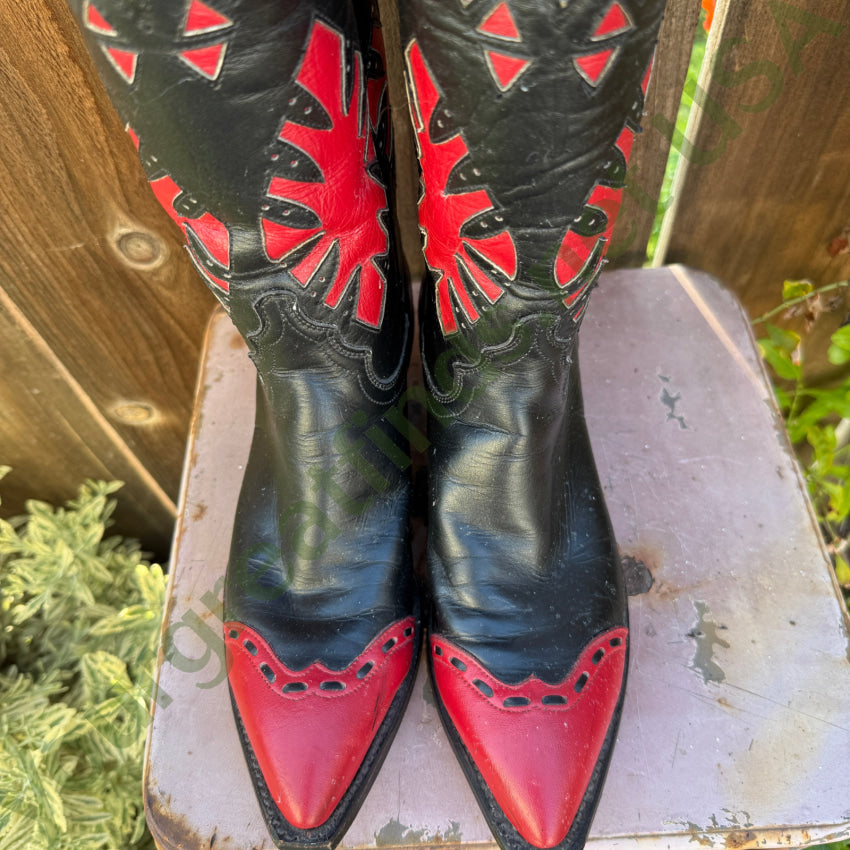 Vintage Justin Black & Red Leather Western Cowgirl Boots cowboy boots