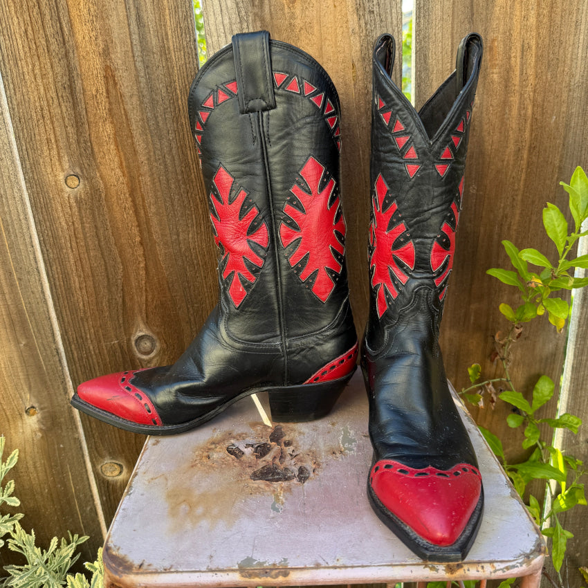 Vintage Justin Black & Red Leather Western Cowgirl Boots cowboy boots