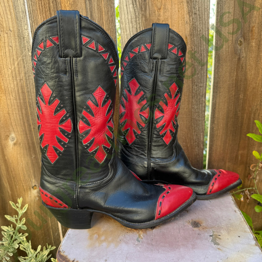 Vintage Justin Black & Red Leather Western Cowgirl Boots cowboy boots