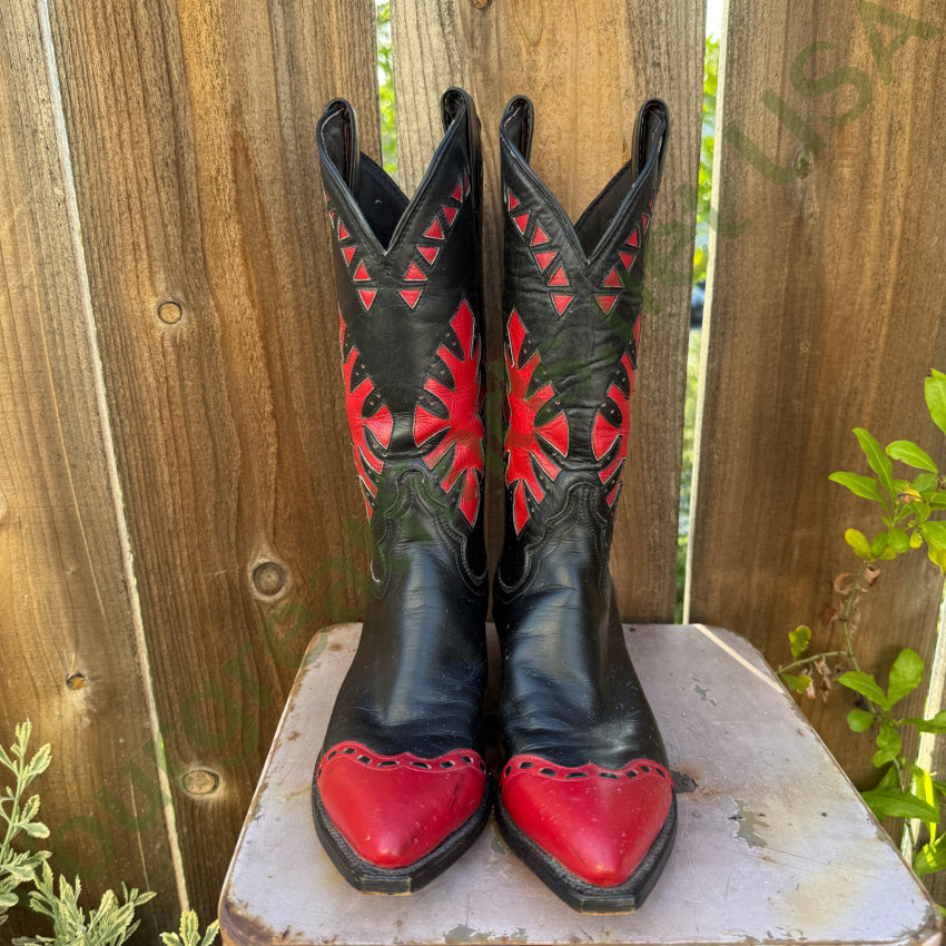 Vintage Justin Black & Red Leather Western Cowgirl Boots cowboy boots