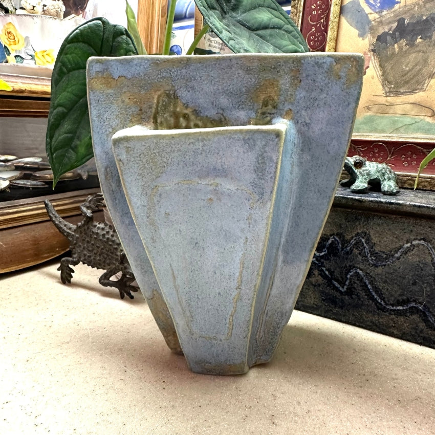 Vintage Kid Made Stoneware Pot Vase Blue Glaze