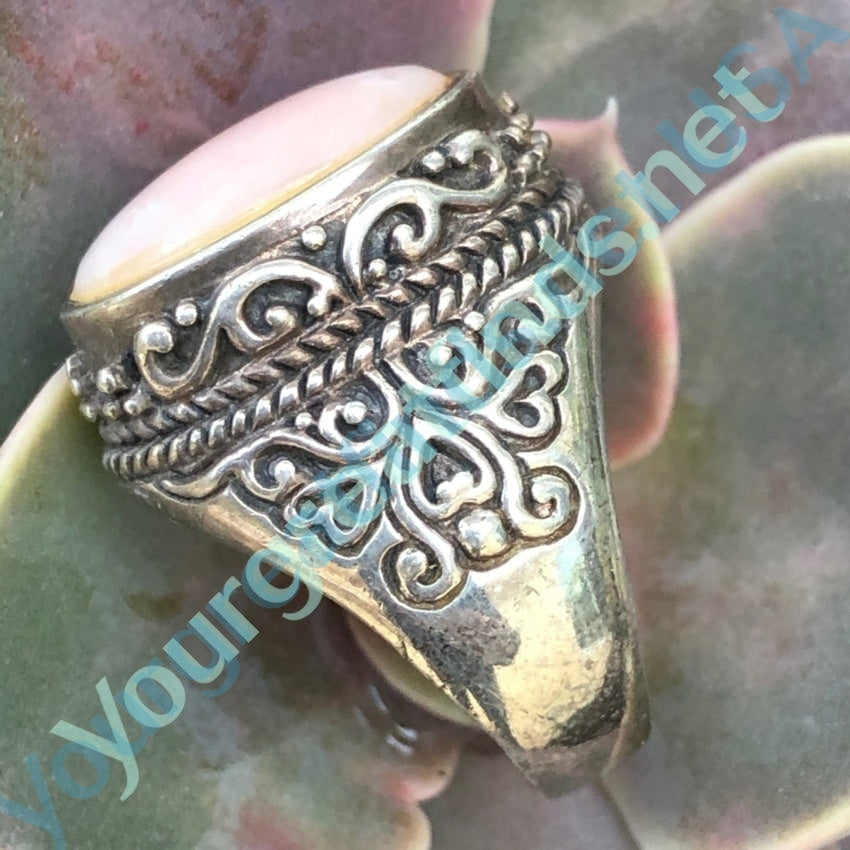 Vintage Lacy Cast Signet Ring with Rose Glass Size 6 1/2 Yourgreatfinds