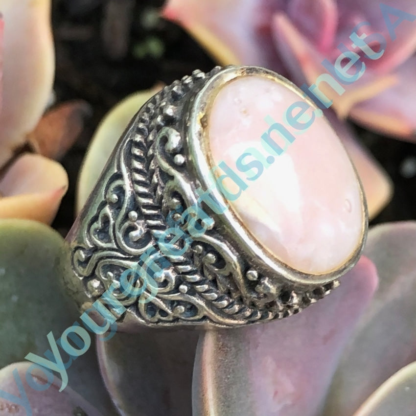 Vintage Lacy Cast Signet Ring with Rose Glass Size 6 1/2 Yourgreatfinds