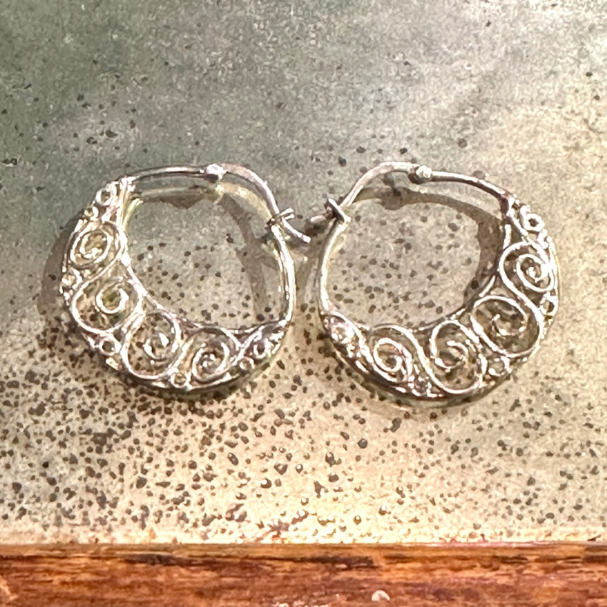 Vintage Lacy Sterling Silver Pierced Hoop Earrings