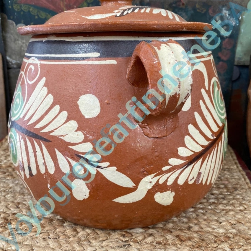 Old Mexican Terracotta Bean Pot Hand Painted Spelling Error