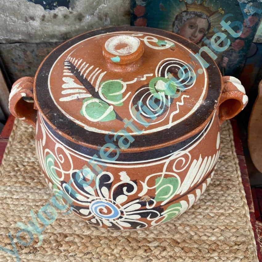 Vintage Large Mexican Terracotta Bean Pot Hand Painted with Spelling Error