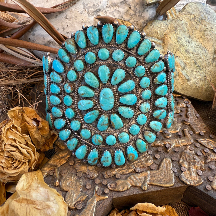 Vintage Large Navajo Sterling Silver & Turquoise Rosette Bracelet pendant