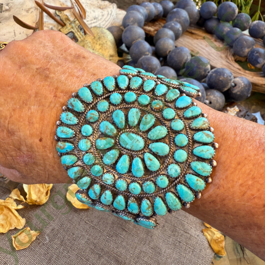 Vintage Large Navajo Sterling Silver & Turquoise Rosette Bracelet pendant