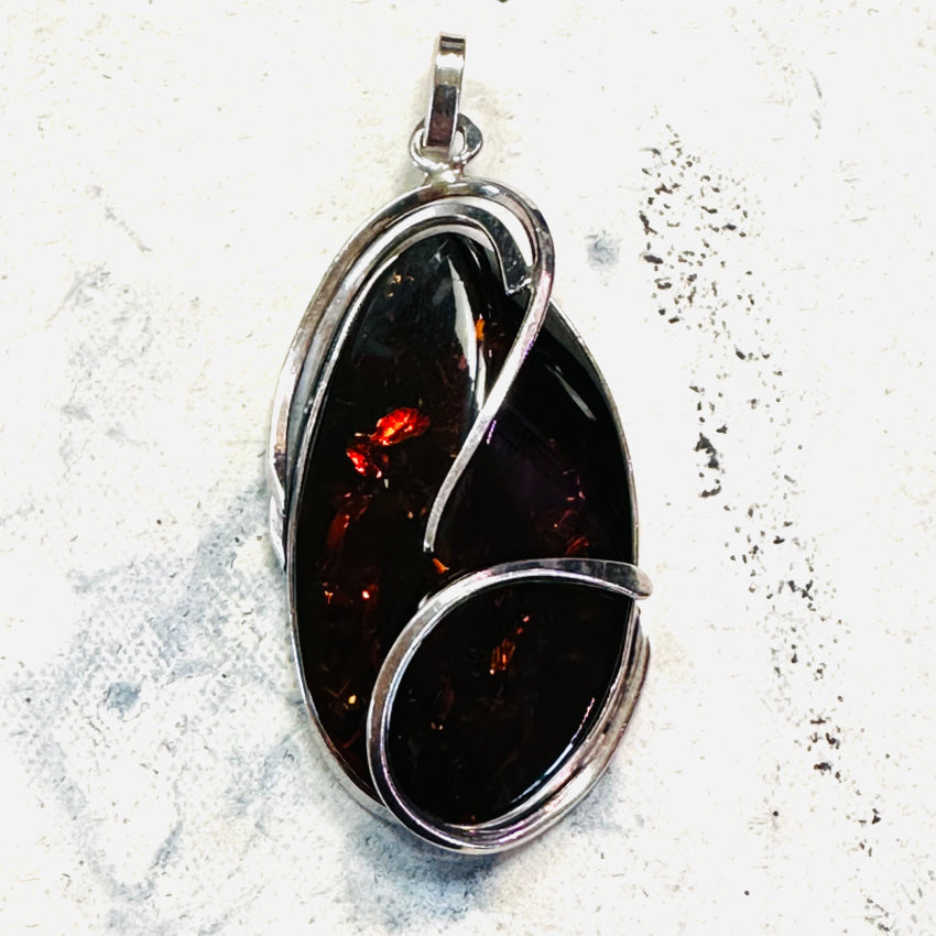 Vintage Large Sterling Silver Amber Pendant Pendant