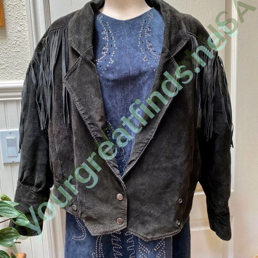ヴィンテージ Learsi フリンジ レザー ジャケット M 本革 スエード 黒 Vintage Learsi Black Suede Leather Jacket Fringe Details