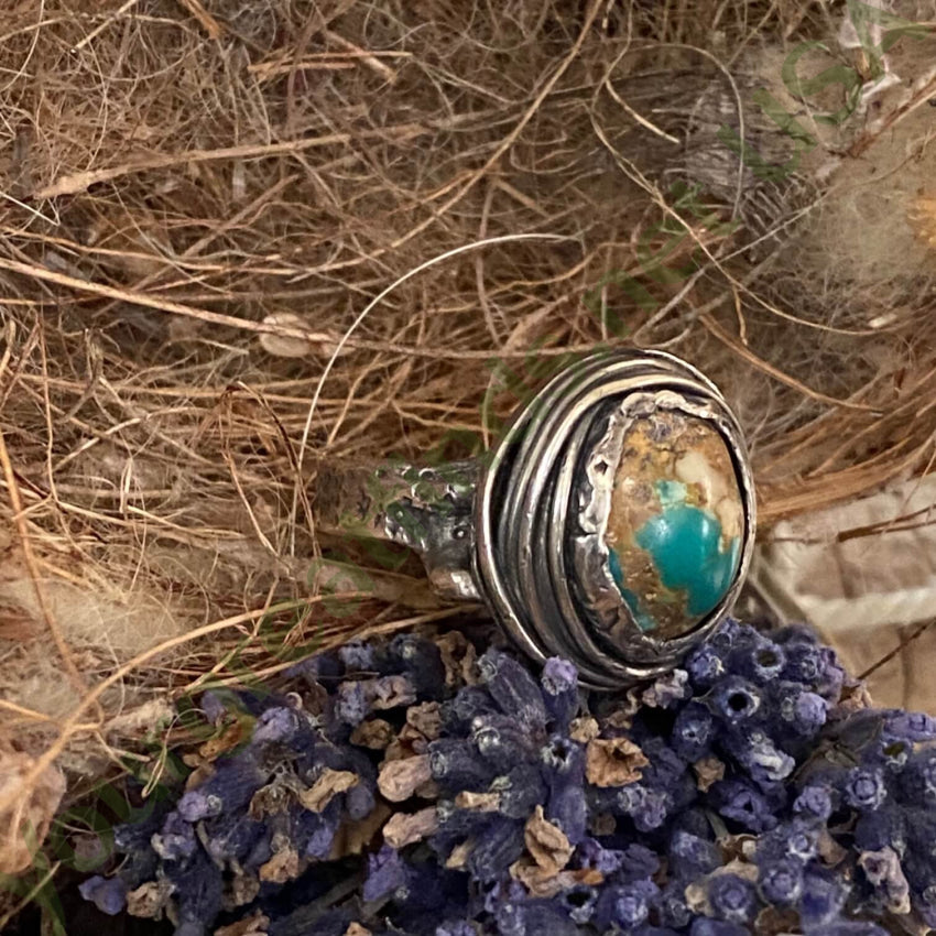 Vintage Lost Wax Sterling Turquoise Bird Nest Ring 7