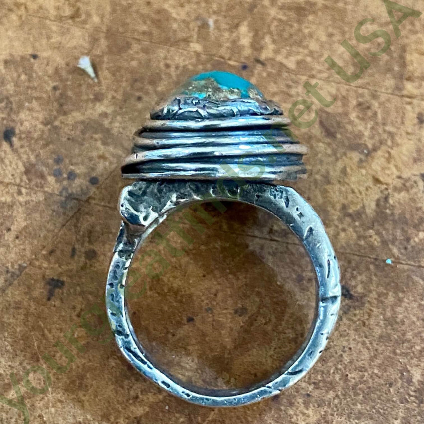 Vintage Lost Wax Sterling Turquoise Bird Nest Ring 7