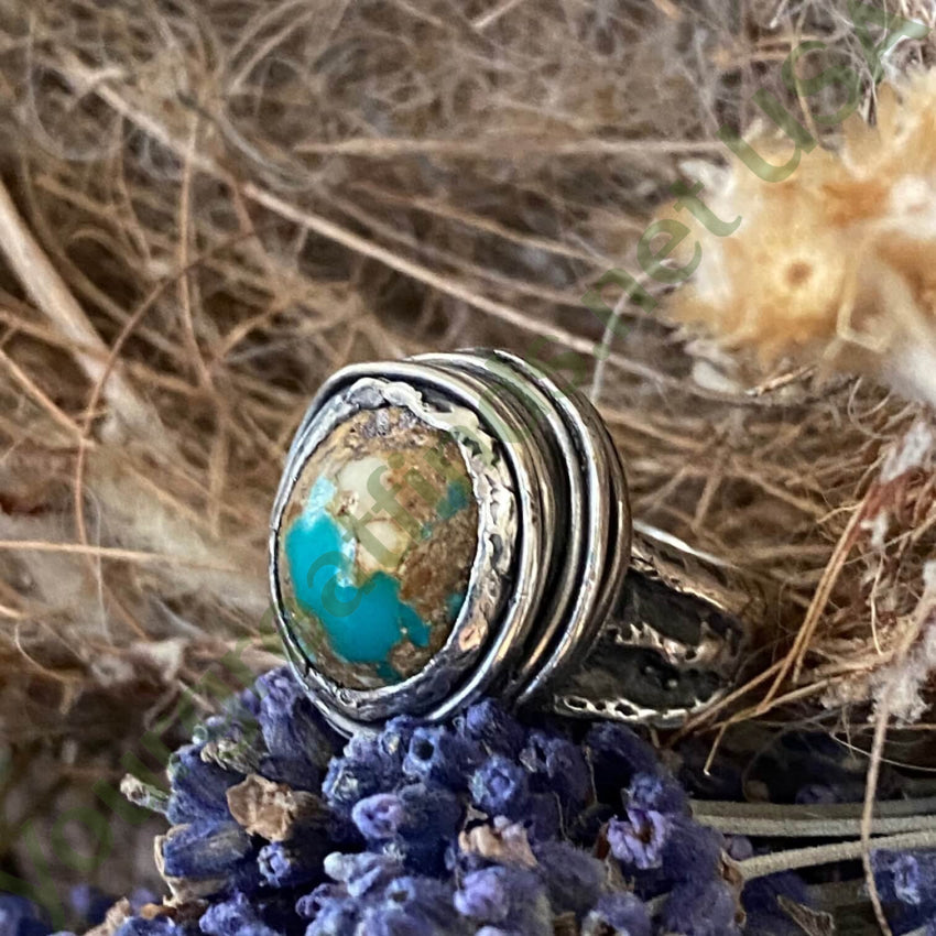 Vintage Lost Wax Sterling Turquoise Bird Nest Ring 7