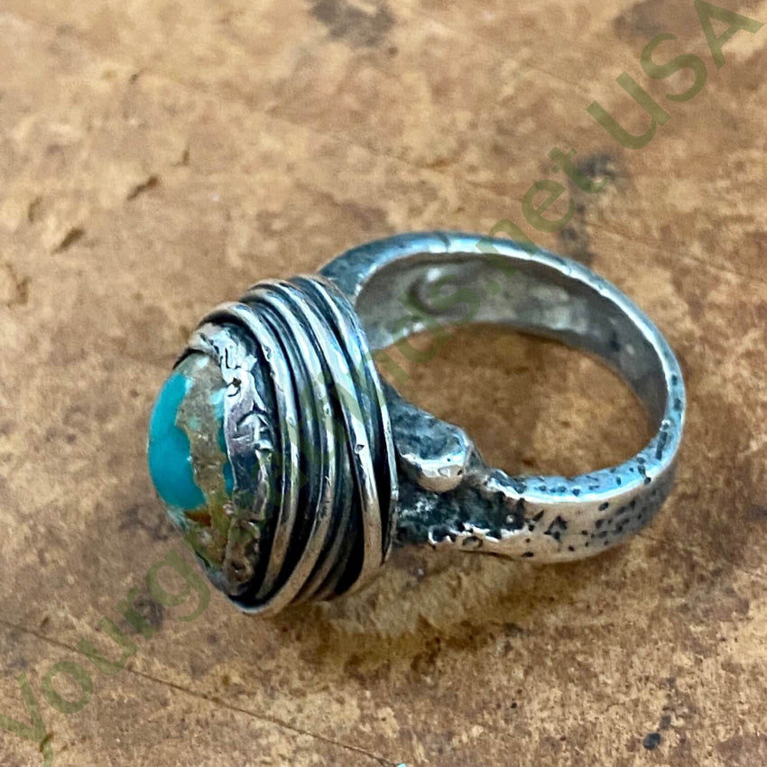 Vintage Lost Wax Sterling Turquoise Bird Nest Ring 7