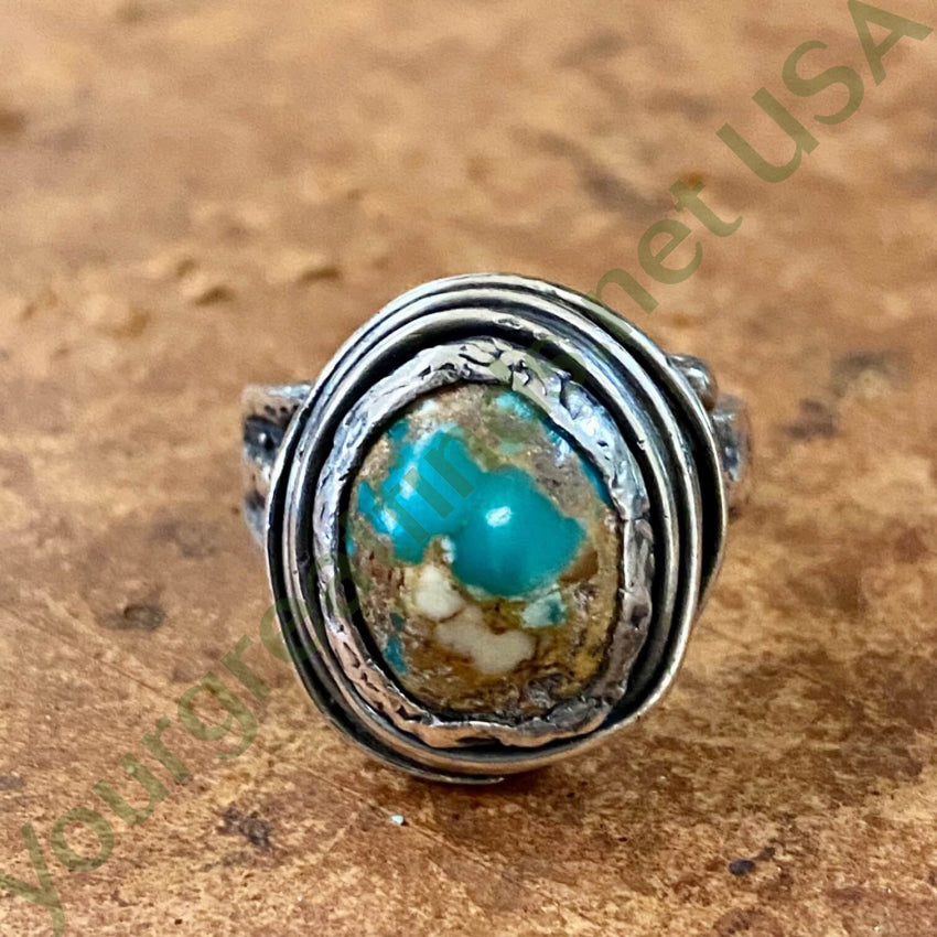 Vintage Lost Wax Sterling Turquoise Bird Nest Ring 7