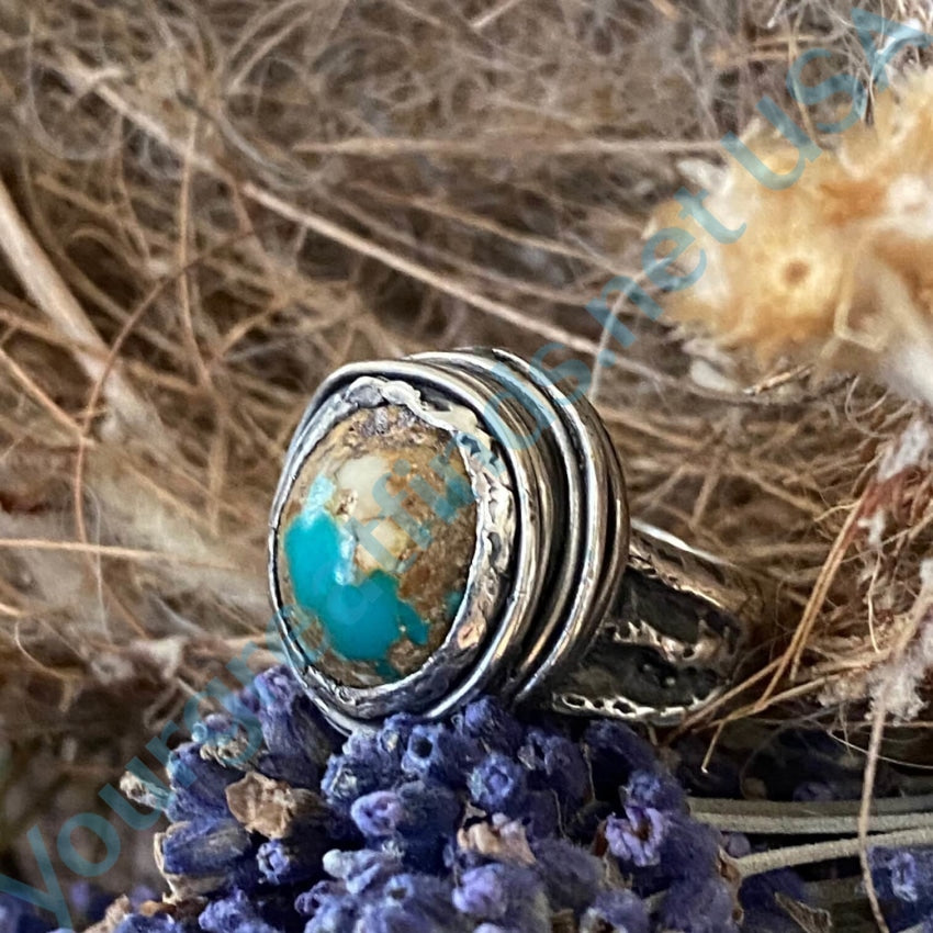 Vintage Lost Wax Sterling Turquoise Bird Nest Ring 7