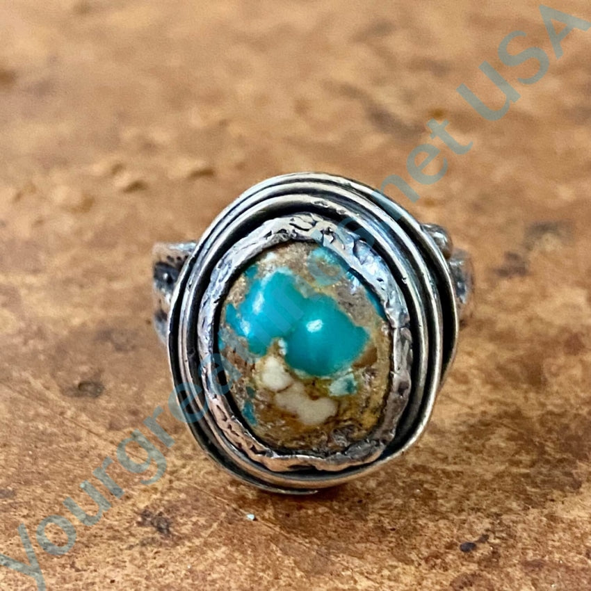 Vintage Lost Wax Sterling Turquoise Bird Nest Ring 7