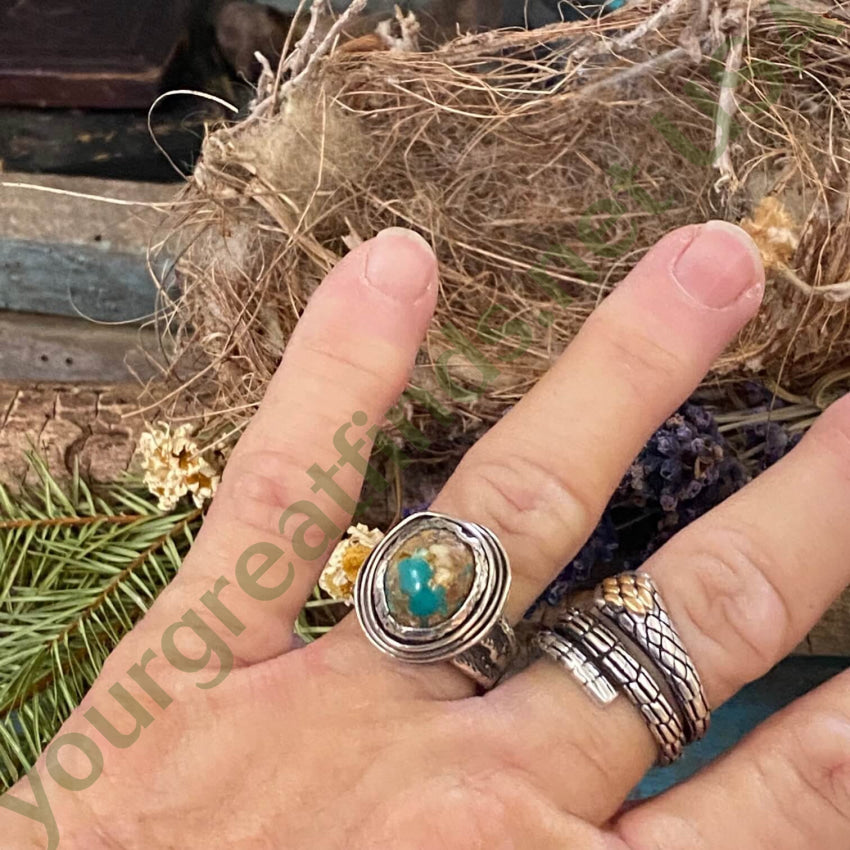 Vintage Lost Wax Sterling Turquoise Bird Nest Ring 7