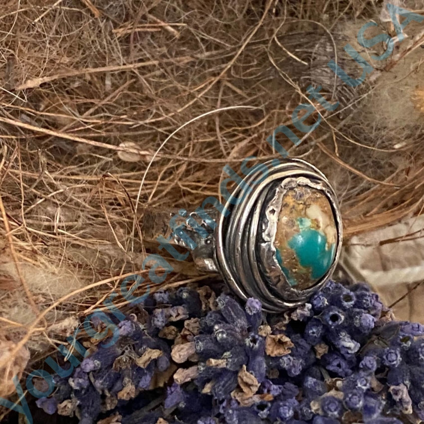 Vintage Lost Wax Sterling Turquoise Bird Nest Ring 7