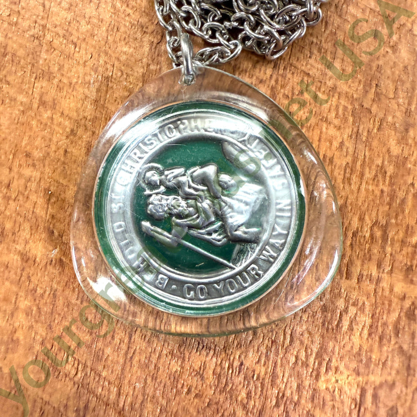 Vintage Lucite St. Christopher Protective Necklace Lumberjack Necklace