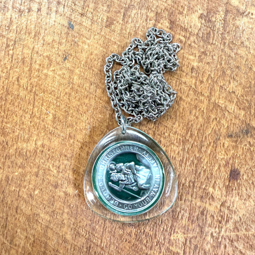 Vintage Lucite St. Christopher Protective Necklace Lumberjack Necklace