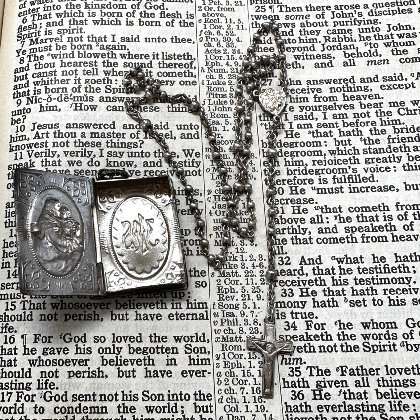 Vintage Mexican Alpaca Silver Bible Rosary Case Pendant Rosary Pendant