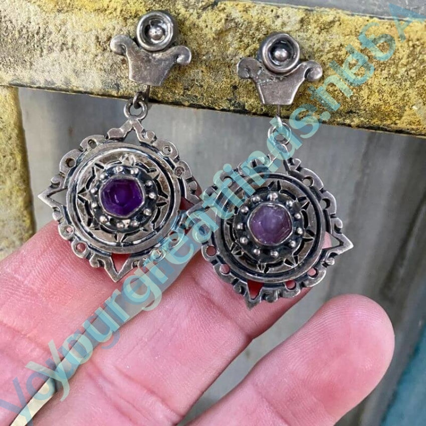 Vintage Mexican Azteca Sterling Silver and Amethyst Earrings Yourgreatfinds