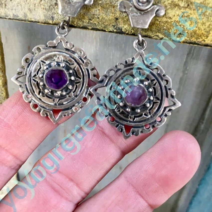 Vintage Mexican Azteca Sterling Silver and Amethyst Earrings Yourgreatfinds
