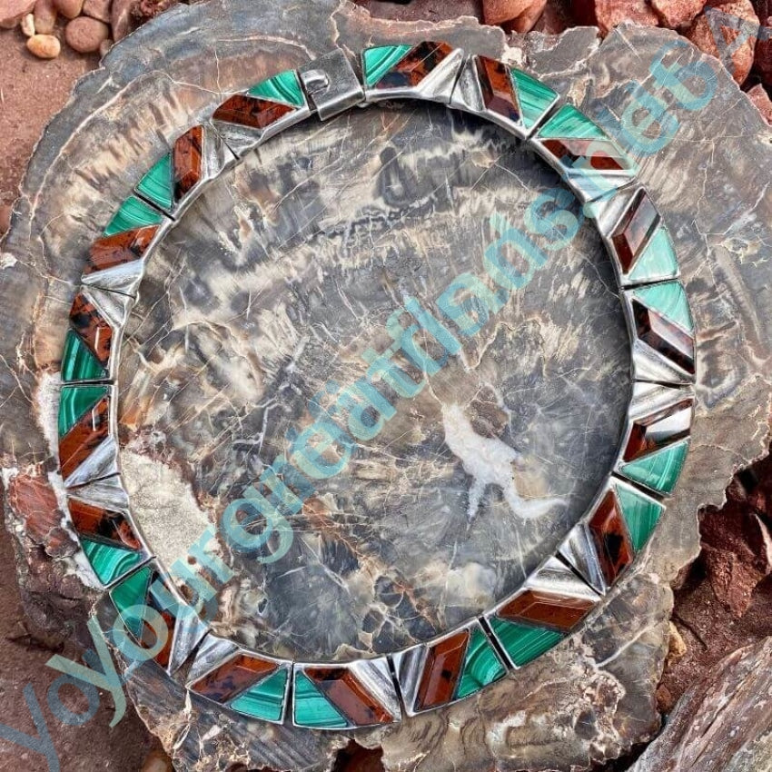 Vintage Mexican Collar Necklace 950 Sterling Silver Malachite Petrified Wood Alicia Yourgreatfinds