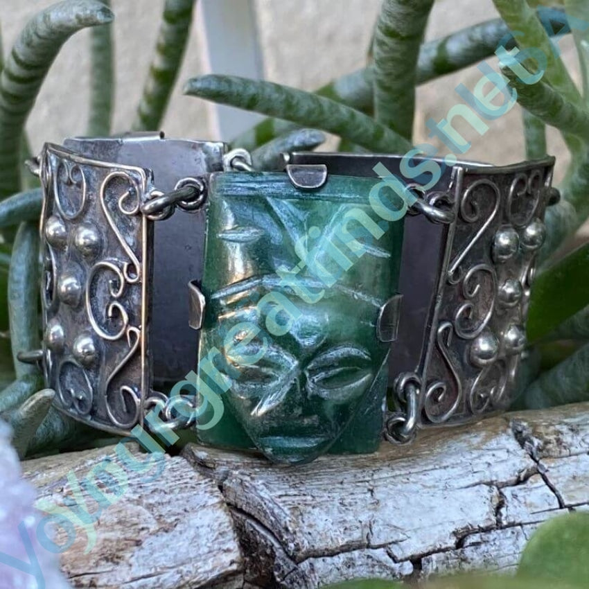 Vintage Mexican Green Jade Mask Panel Bracelet in Sterling Silver Yourgreatfinds