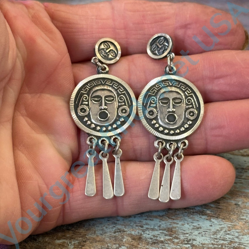 Vintage Mexican Medallion God Earrings Sterling Silver